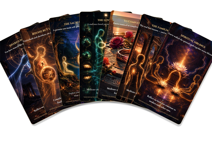 Seven Love Akashic Oracle cards fanned out