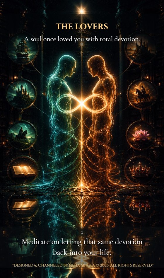 Card 1, The Lovers: two glowing figures joined by an infinity symbol