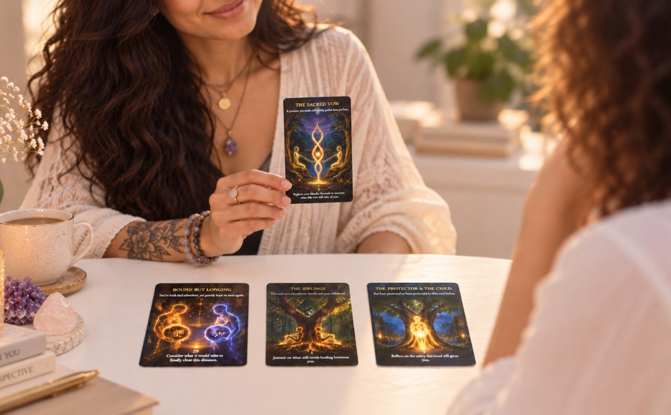 A reader holding up The Sacred Vow with three cards laid out on a table