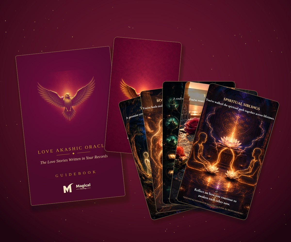 The Love Akashic Oracle printed guidebook, card back and five fanned cards on a wine background