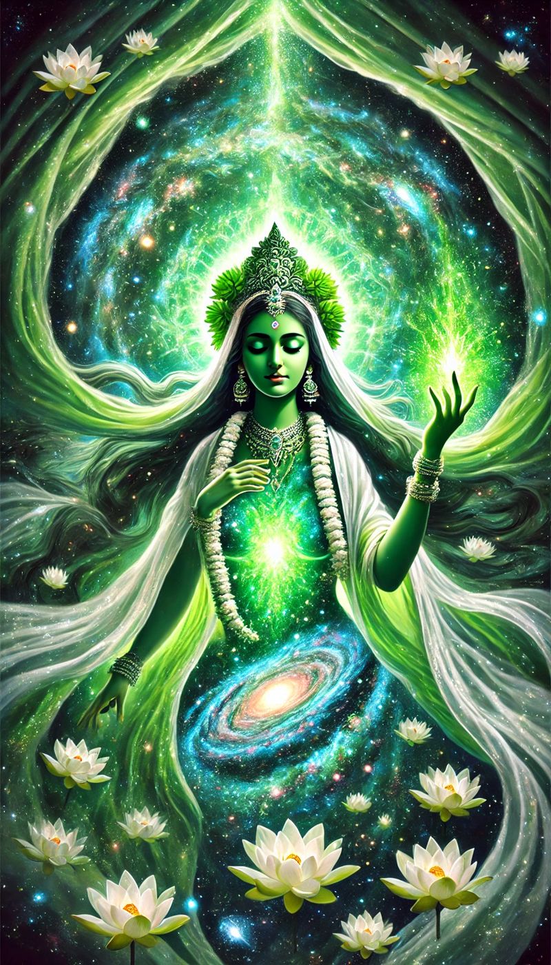 Green Taara among the stars, holding a glowing light at her heart