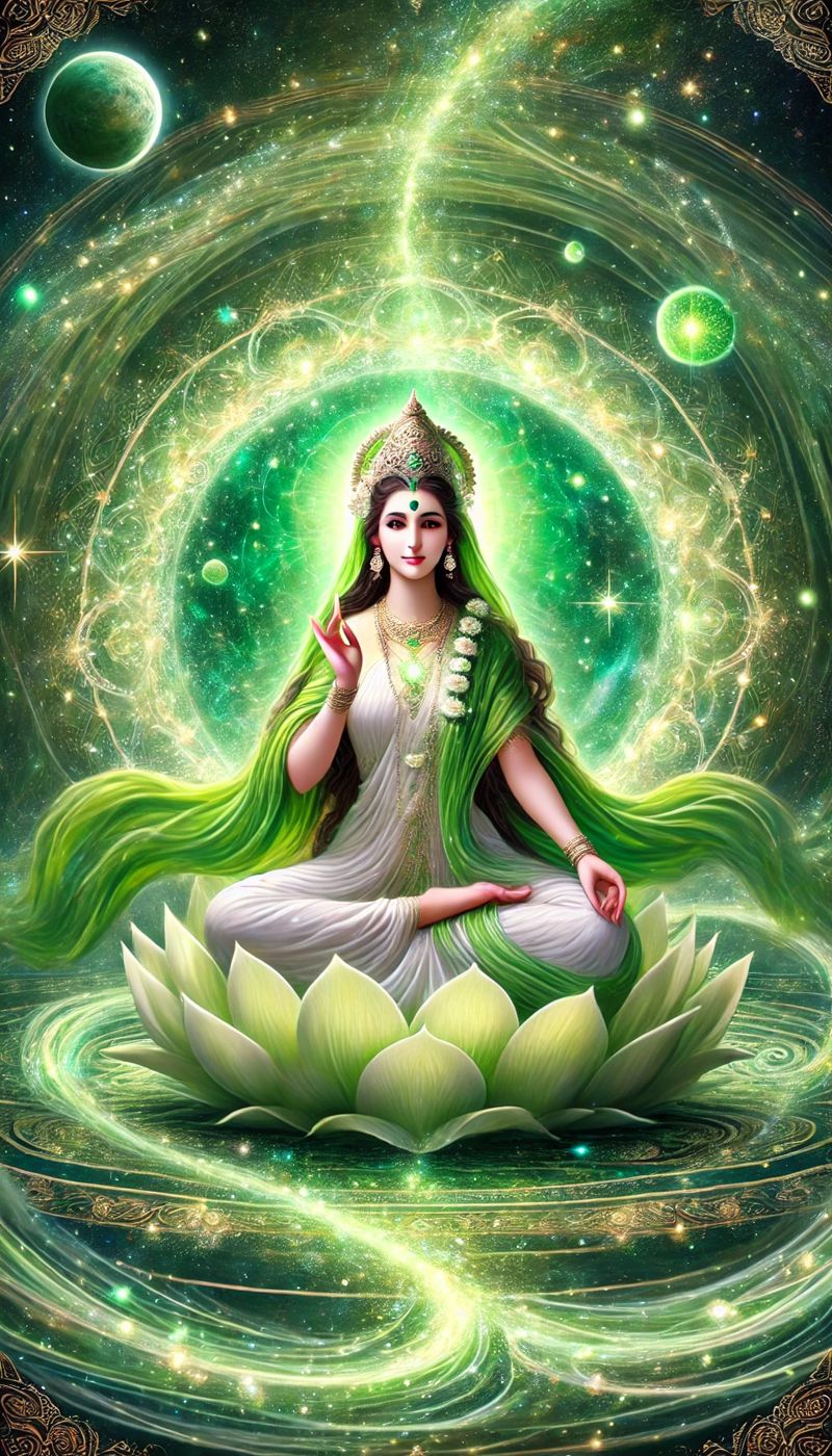 Mahavidya Taara seated on a lotus, surrounded by green light