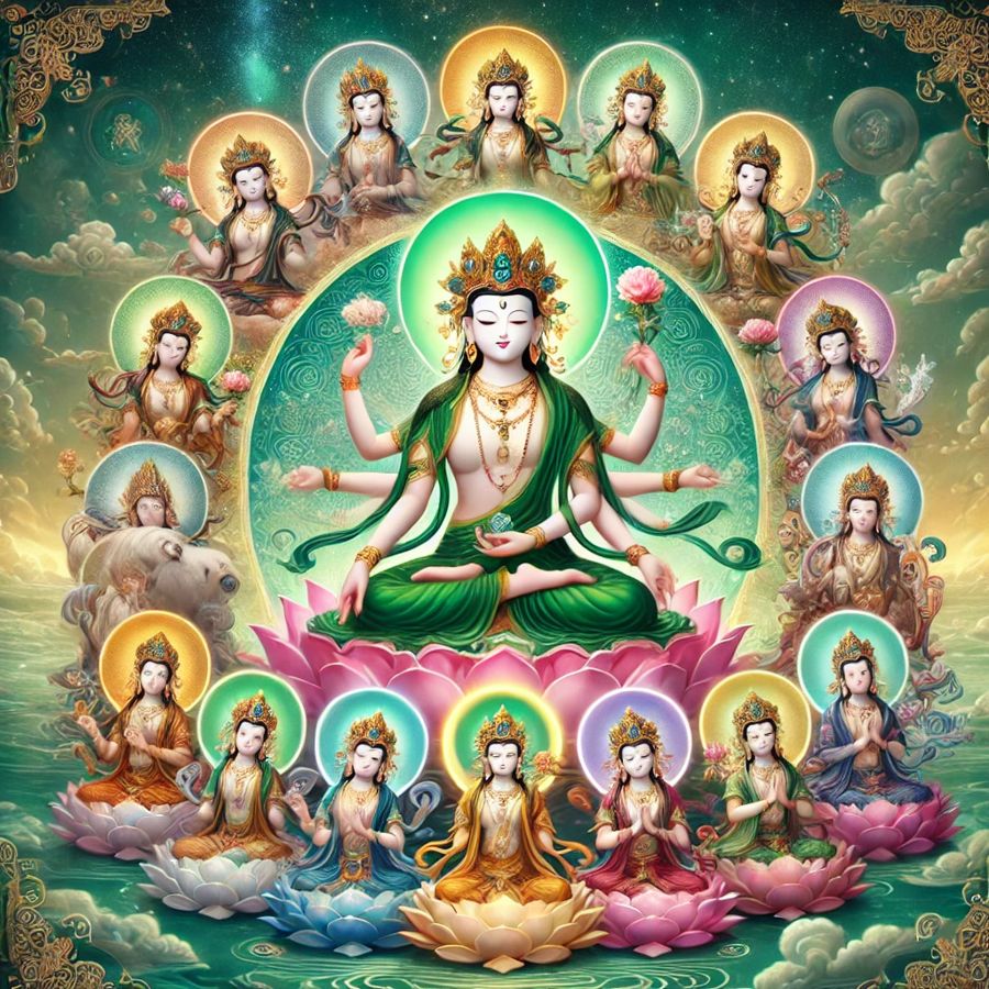 Green Taara at the centre, surrounded by the 21 Taras in different colours