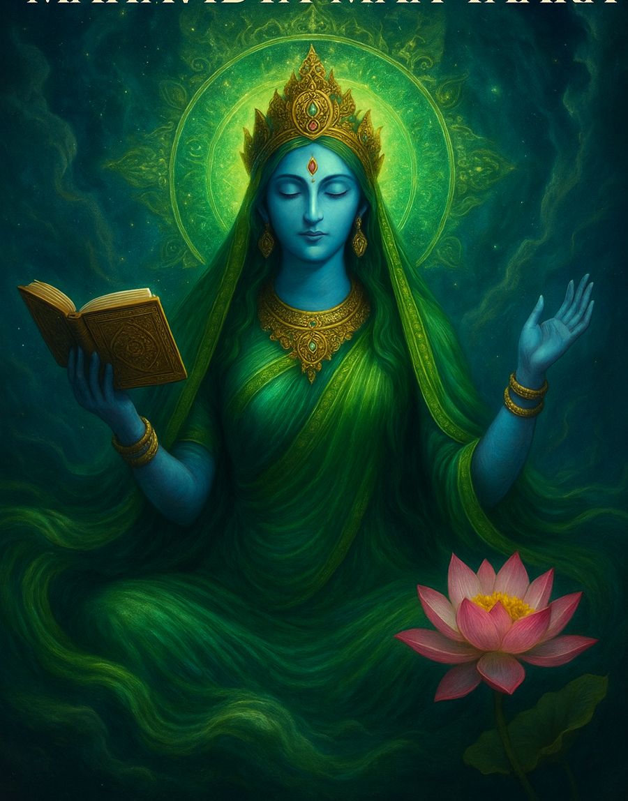 Mahavidya Taara seated in green light, holding a book, with a lotus beside her