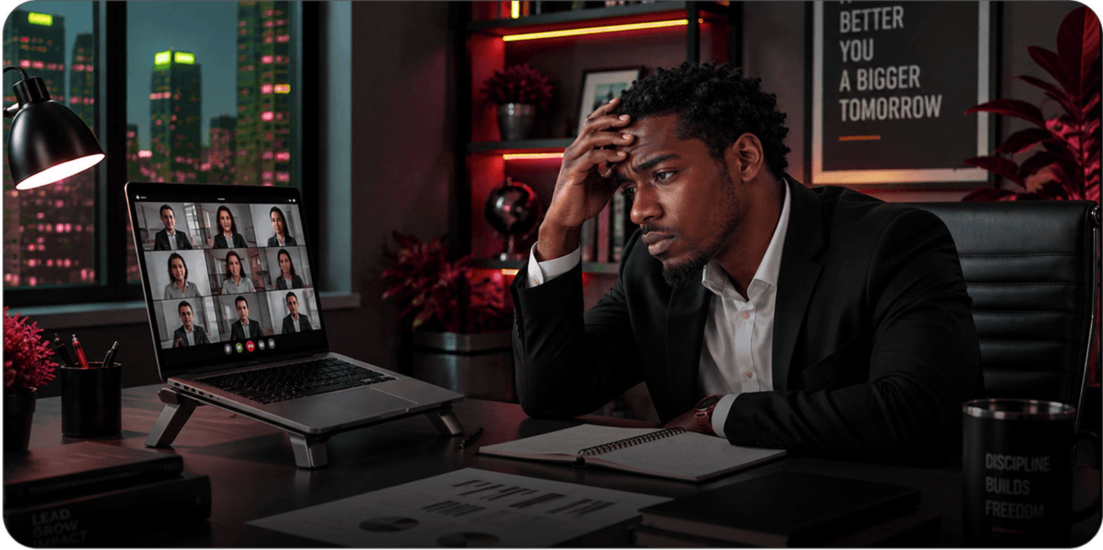 Business owner at a laptop, frustrated or stuck