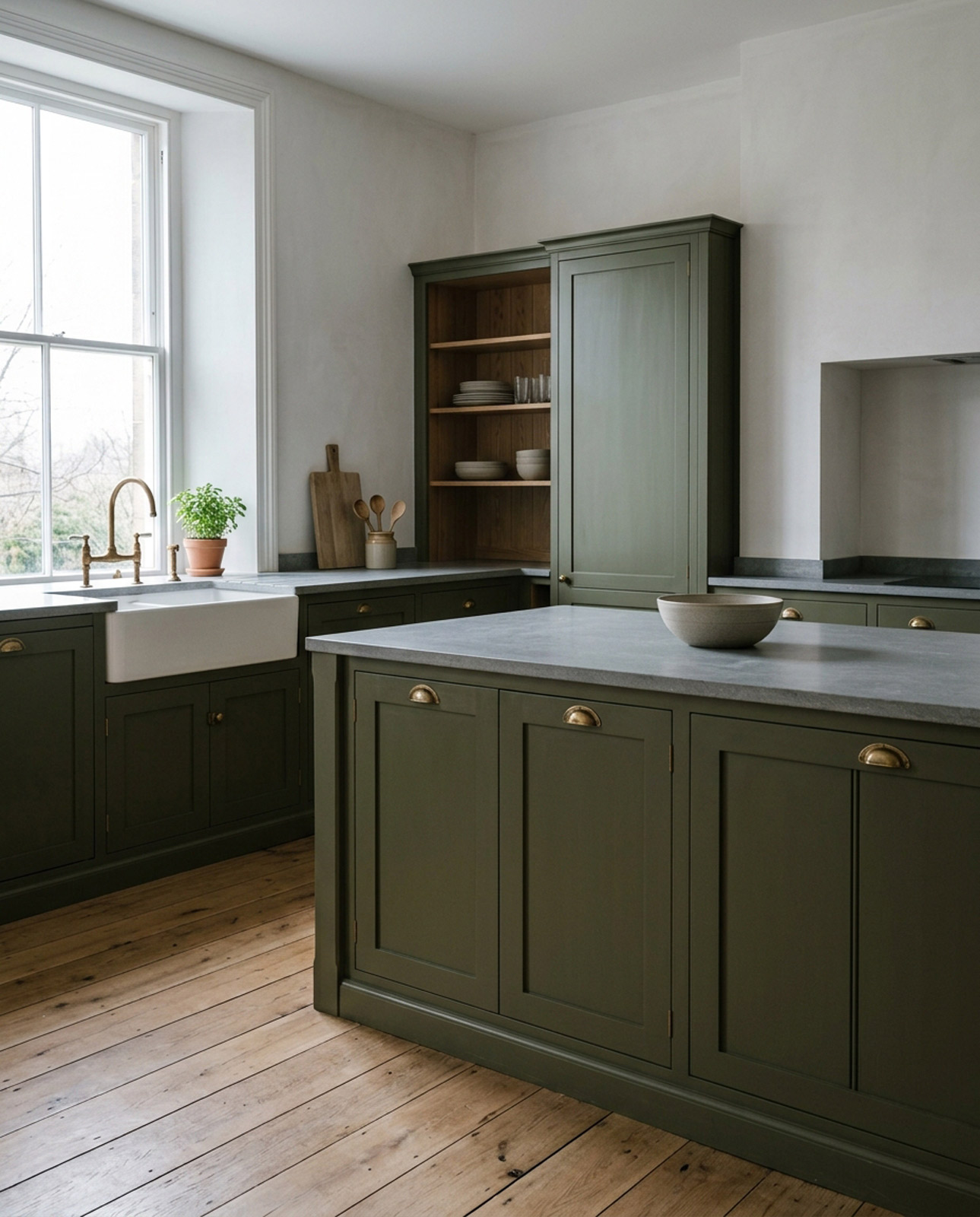 Olive green in-frame hand-painted kitchen with island in a Harrogate home, photographed in natural light