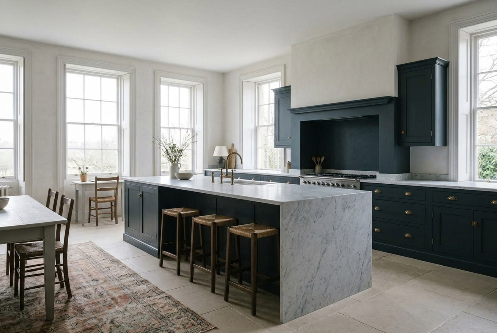 Inky blue in-frame kitchen with a marble island and stone worktop, fitted by Marlbeck in Harrogate