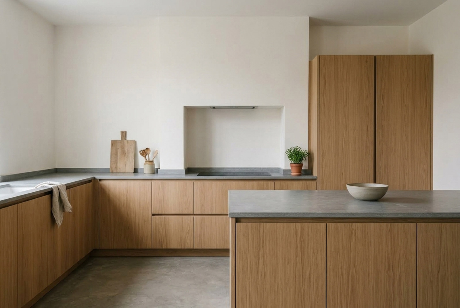 Contemporary oak frameless kitchen with flat slab doors, built by Marlbeck Kitchen Studio in Harrogate