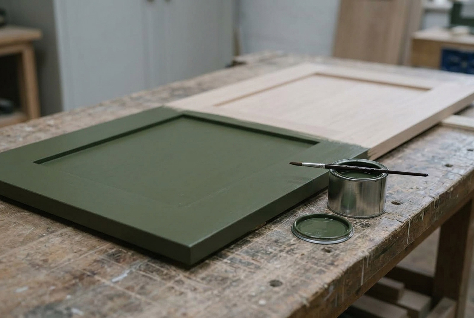 A green cabinet door being hand-painted in the Marlbeck workshop in Harrogate