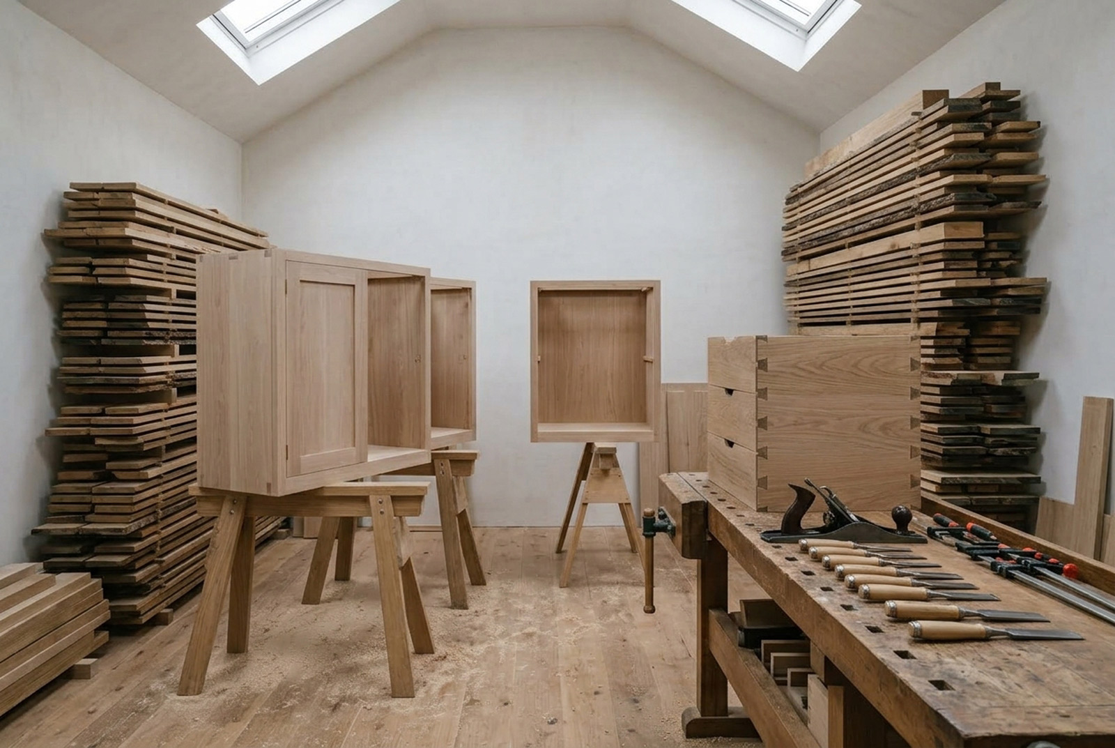 Inside the Marlbeck workshop on Leeds Road, Harrogate, with part-built in-frame cabinet carcasses in solid timber