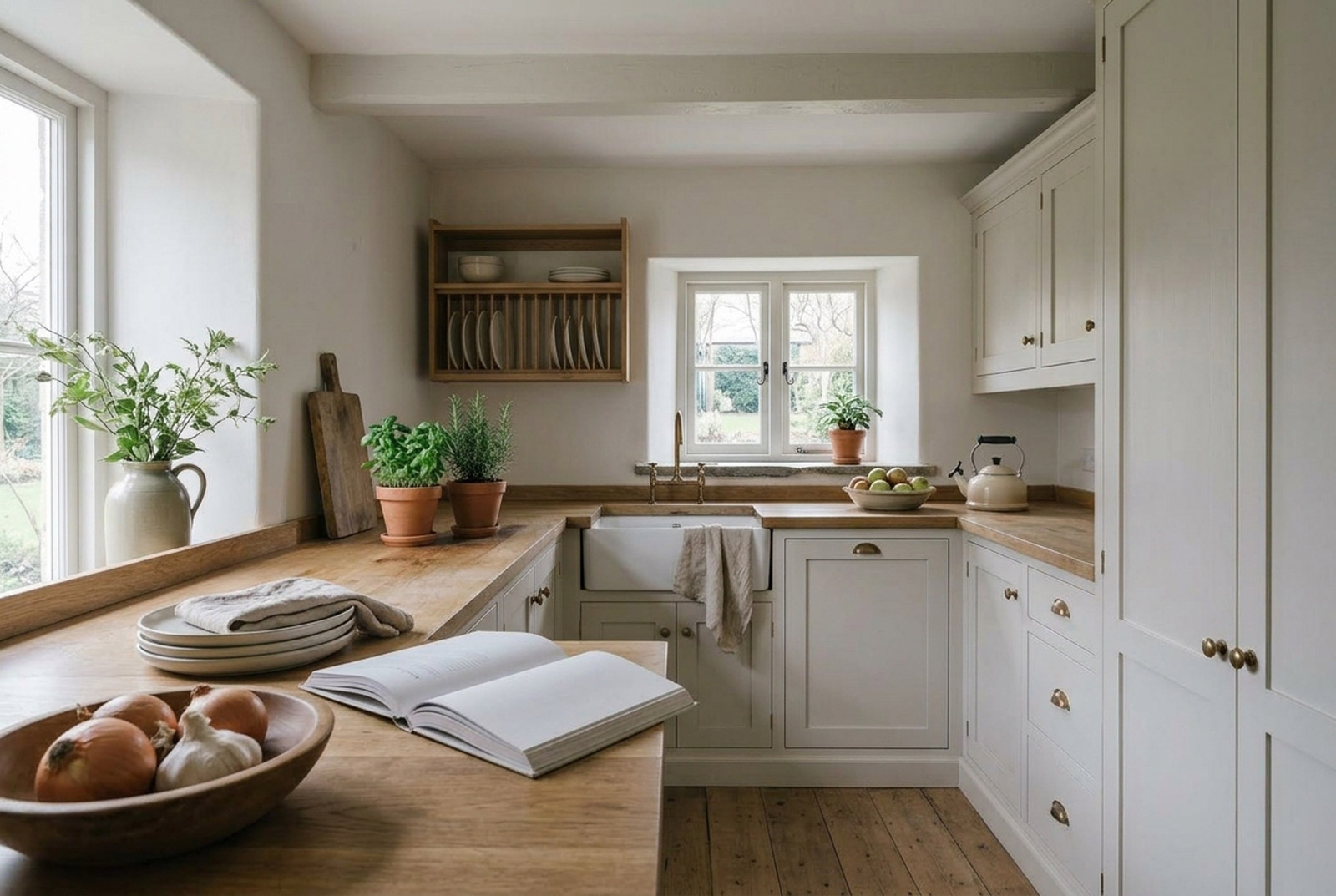 Bone white hand-painted in-frame cottage kitchen with shaker doors, made in Marlbeck's Harrogate workshop