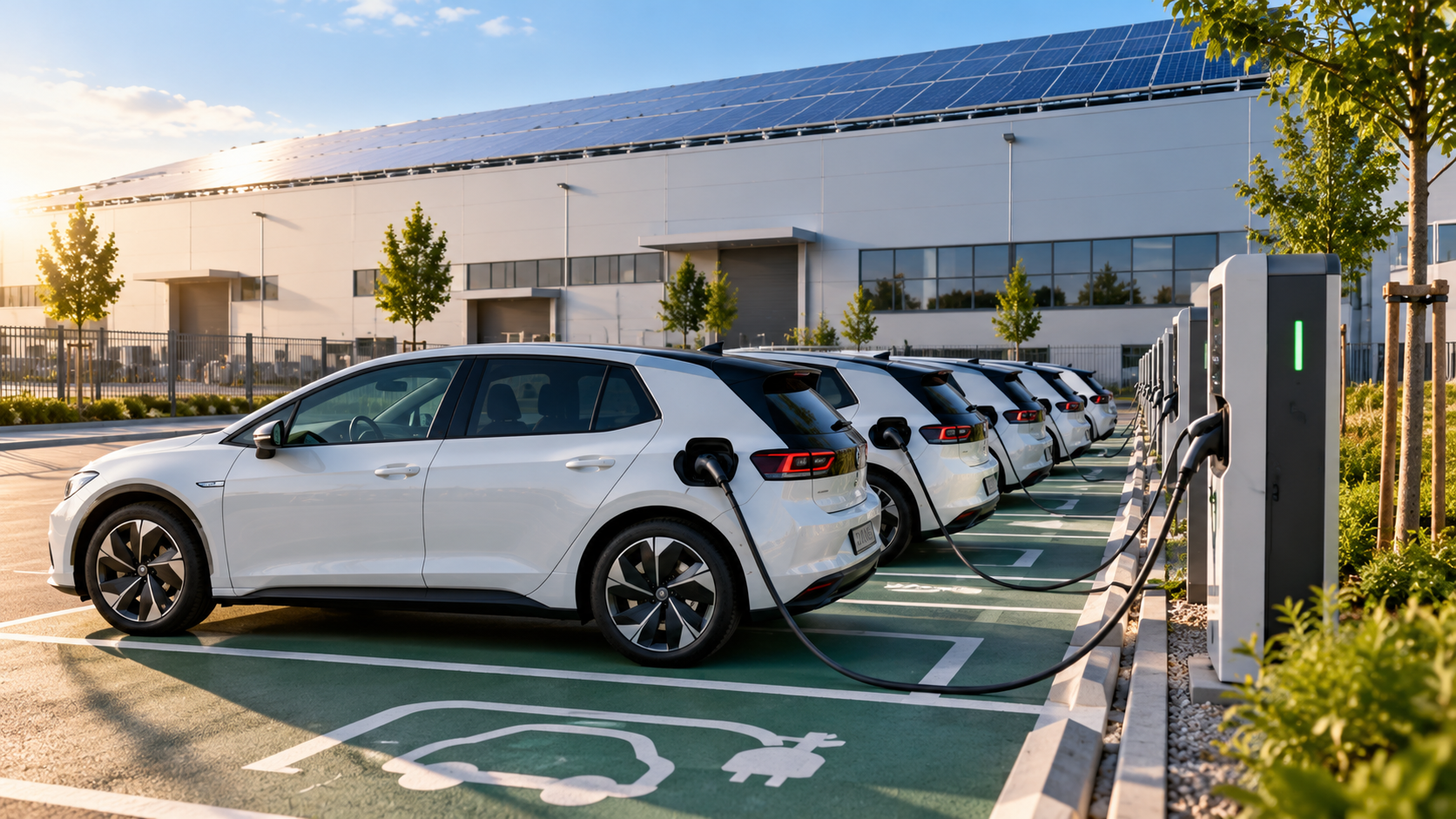 Flotta di auto elettriche aziendali in ricarica alle colonnine davanti a un capannone con fotovoltaico