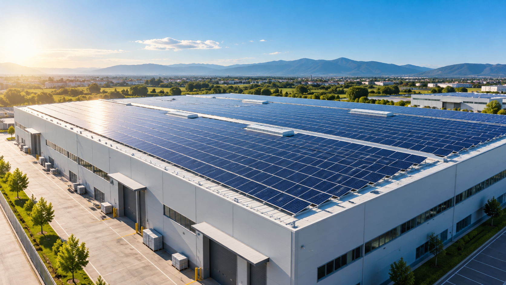 Capannone industriale con impianto fotovoltaico sul tetto, vista aerea