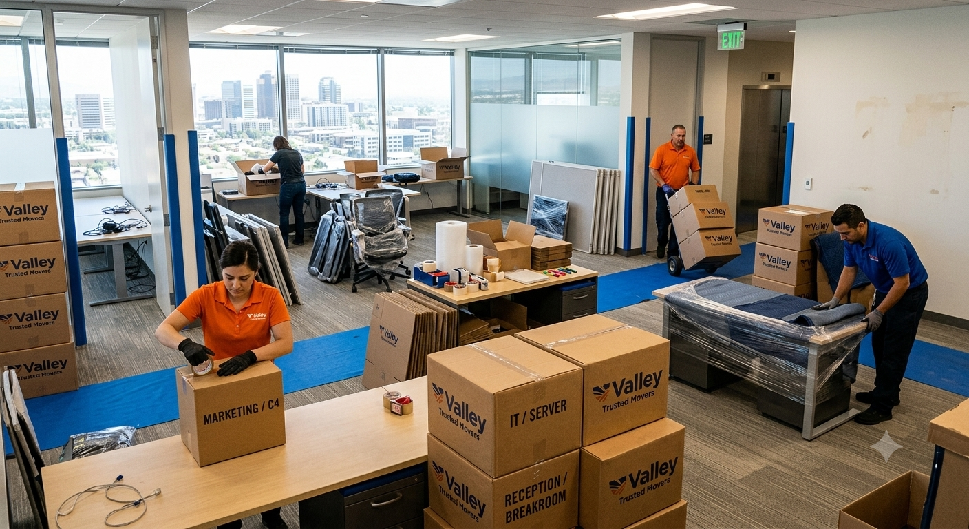 Crew relocating office furniture and equipment