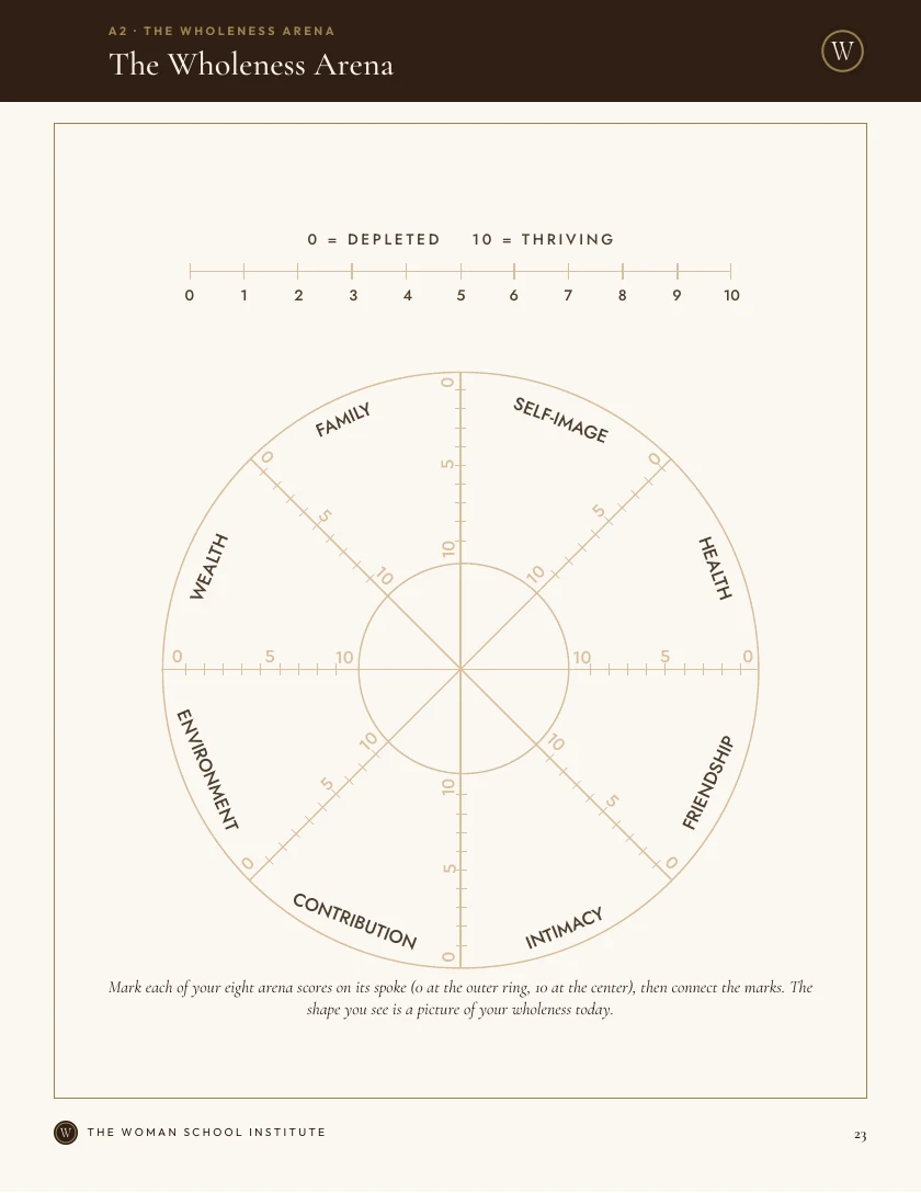 Workbook page 23 showing the eight-arena Wholeness Assessment