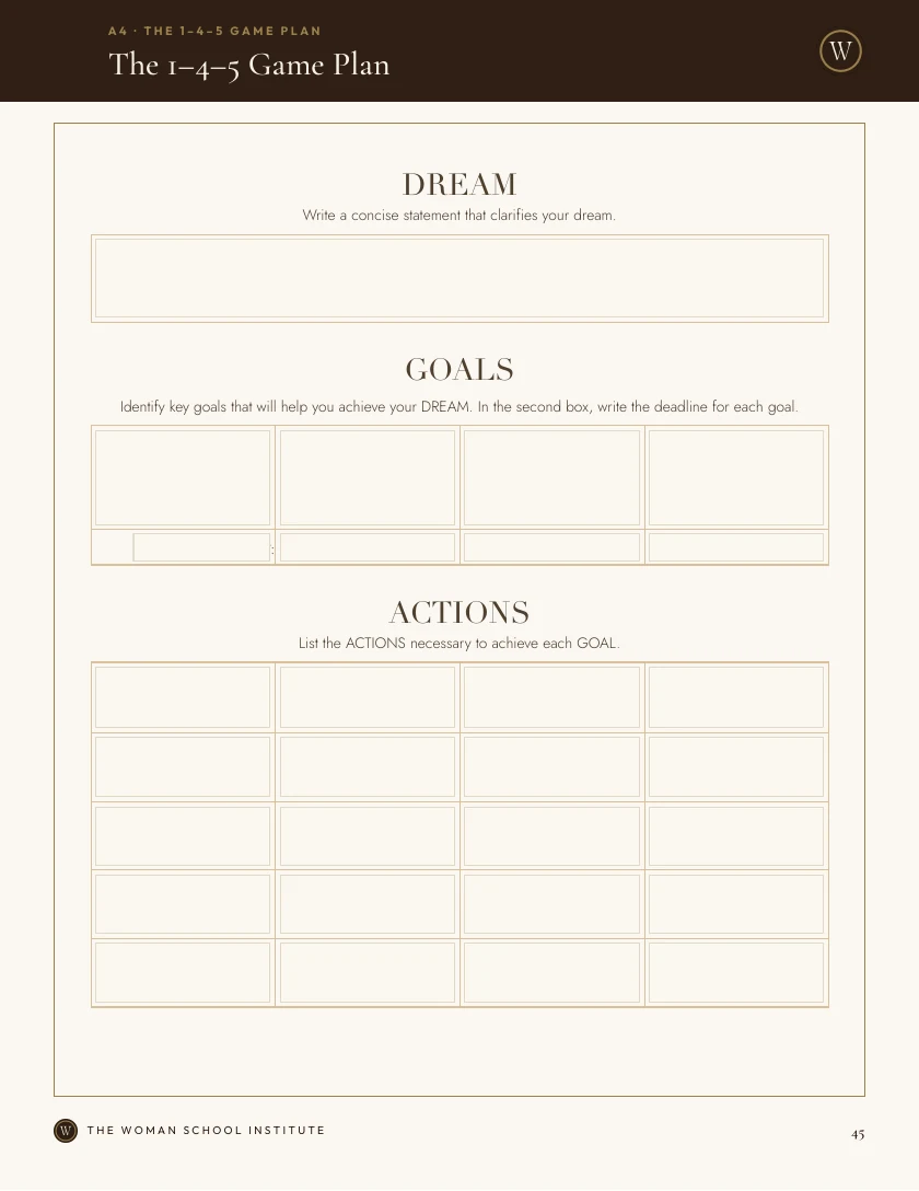 Workbook page 45 with the one-dream, four-goal, five-action Game Plan worksheet