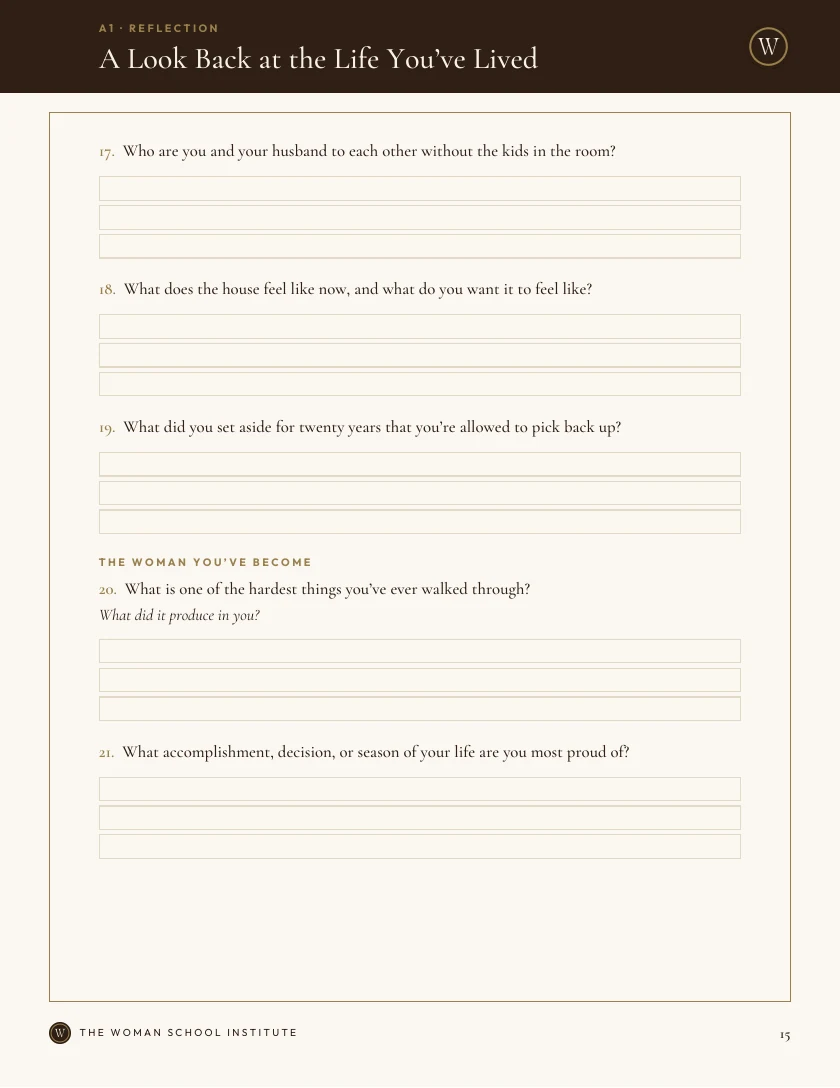 Workbook page 15 with reflection prompts and space to write