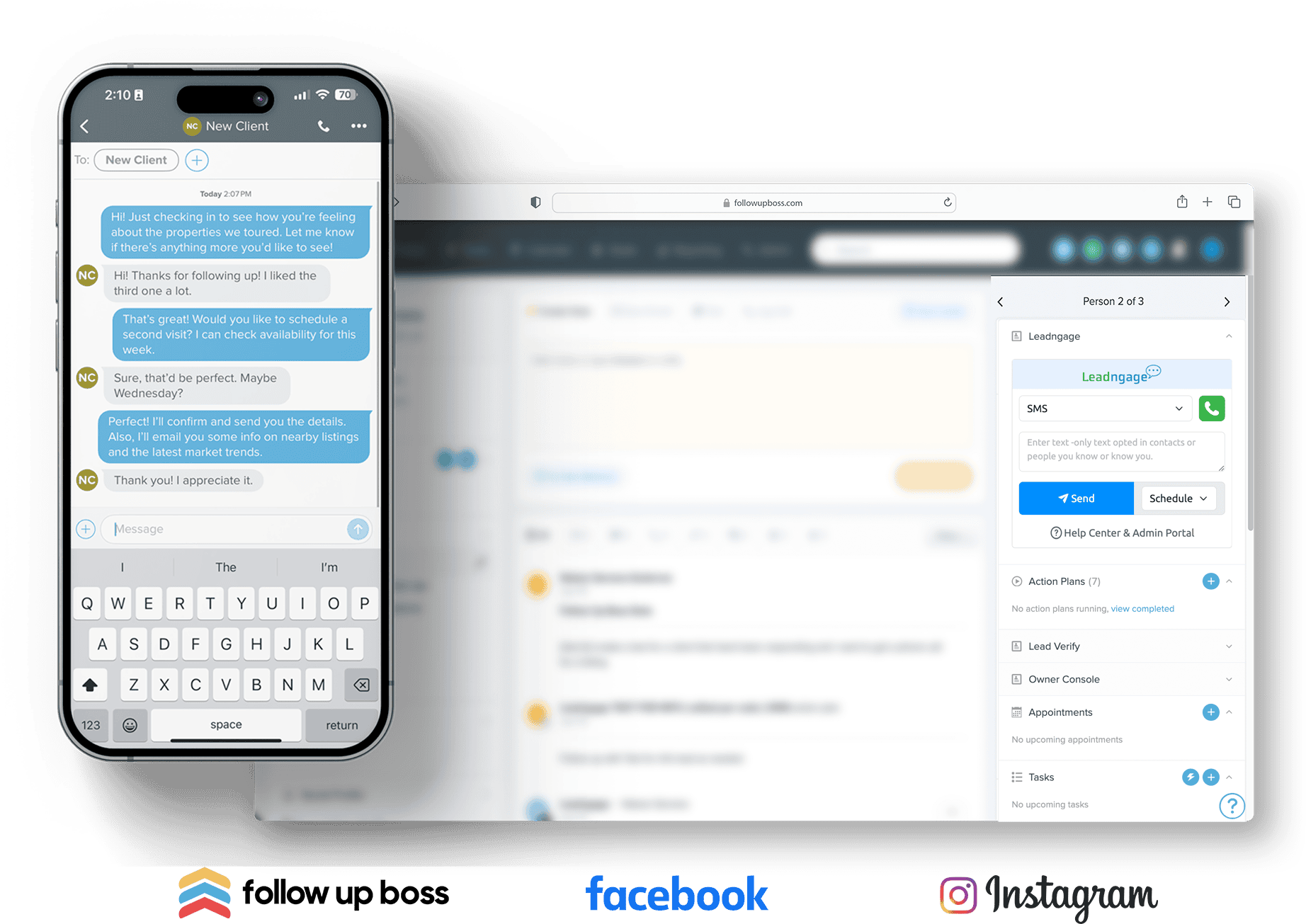 Smartphone displaying a messaging conversation about scheduling a property visit, with Follow Up Boss interface visible on a laptop screen, featuring Leadengage integration for SMS communication and social media messaging.