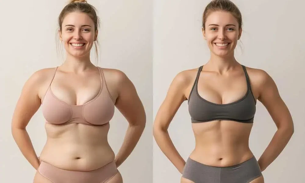 A before and after image of a woman on medical weight loss.