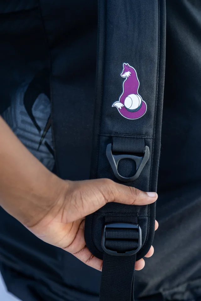 Close view of the padded shoulder strap and buckle