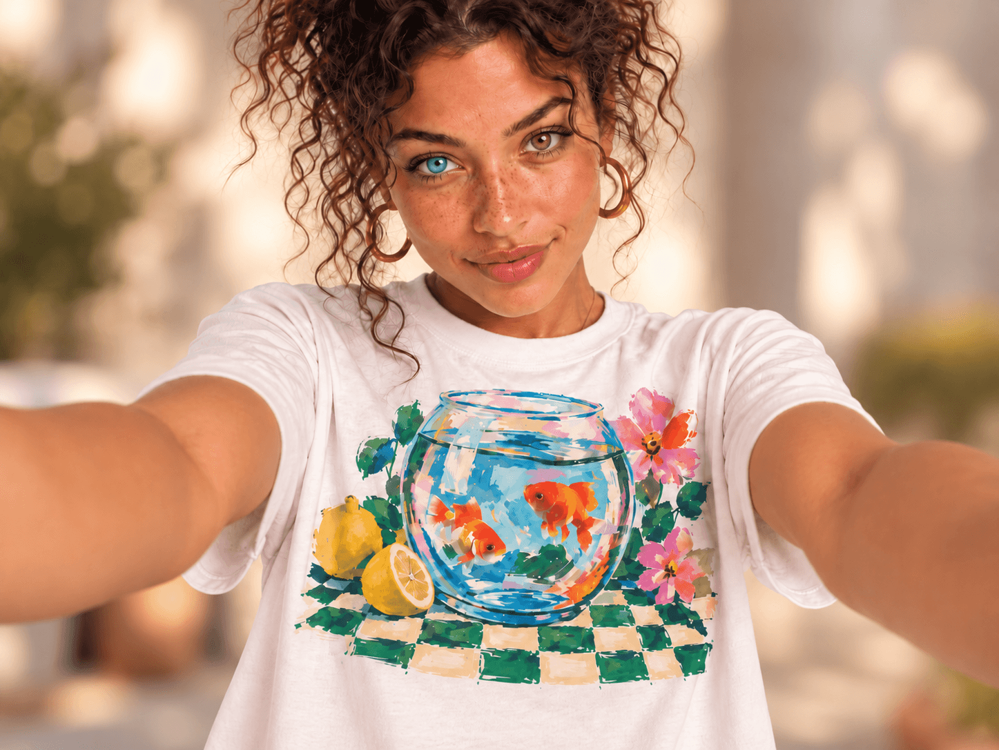 Woman wearing a colorful Odd Print Club fishbowl graphic T-shirt with a unique artistic design