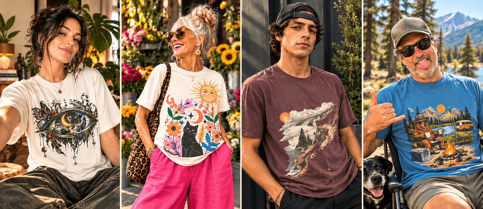 Odd Print Club models wearing colorful unique graphic T-shirts in different styles