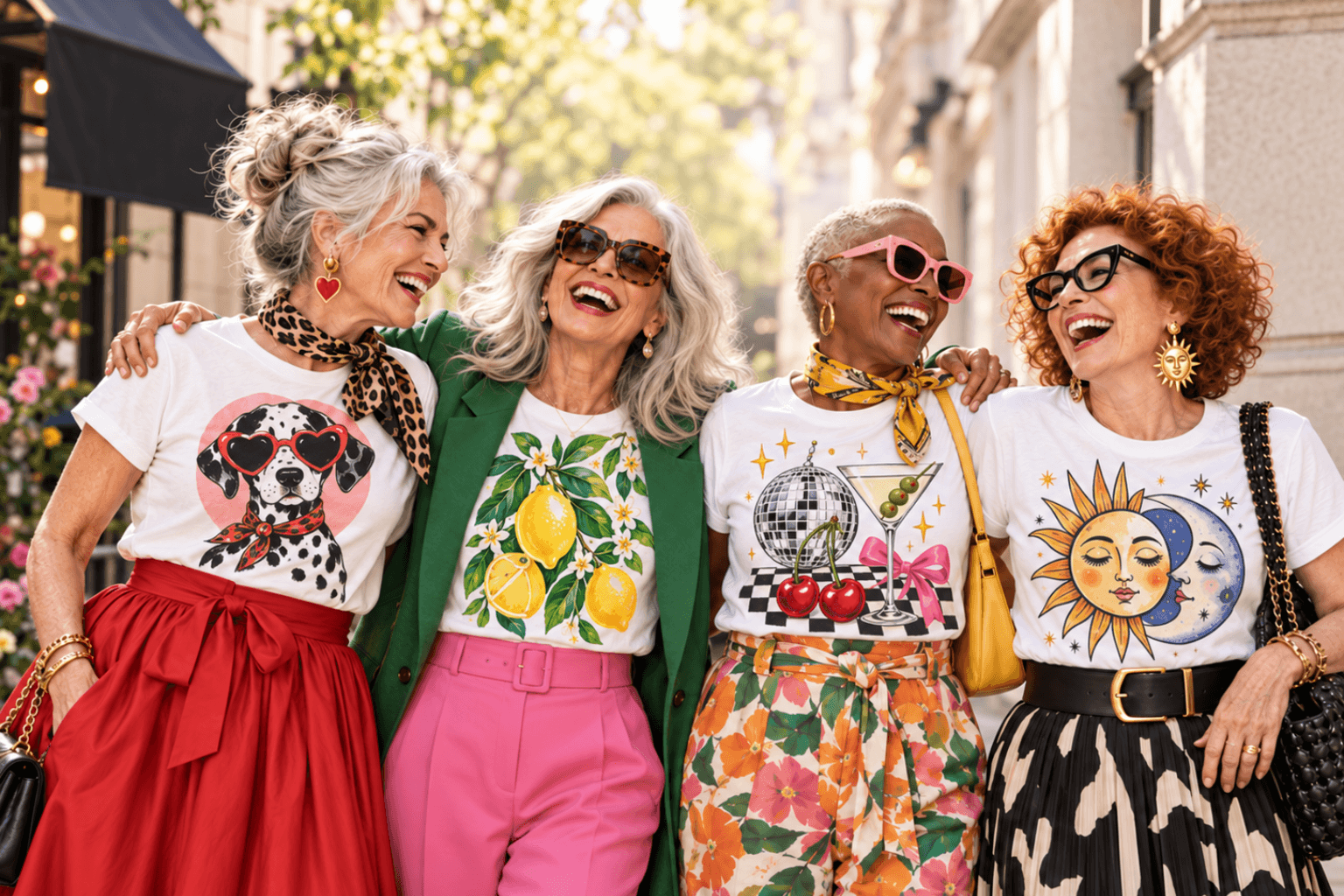 Stylish older women wearing colorful Odd Print Club graphic T-shirts and statement outfits