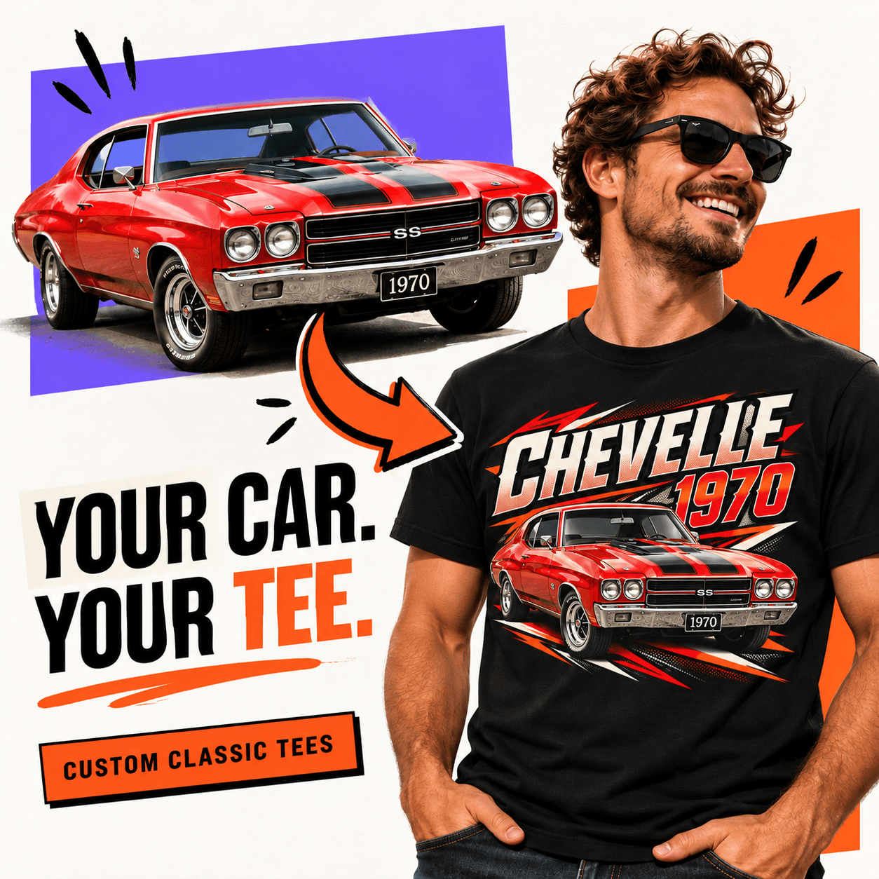 Custom classic car T-shirt on a purple Odd Print Club background