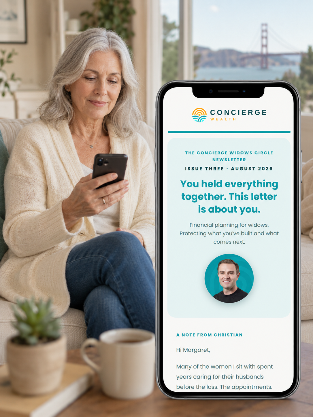 A widow reading The Concierge Widows Circle newsletter on her phone