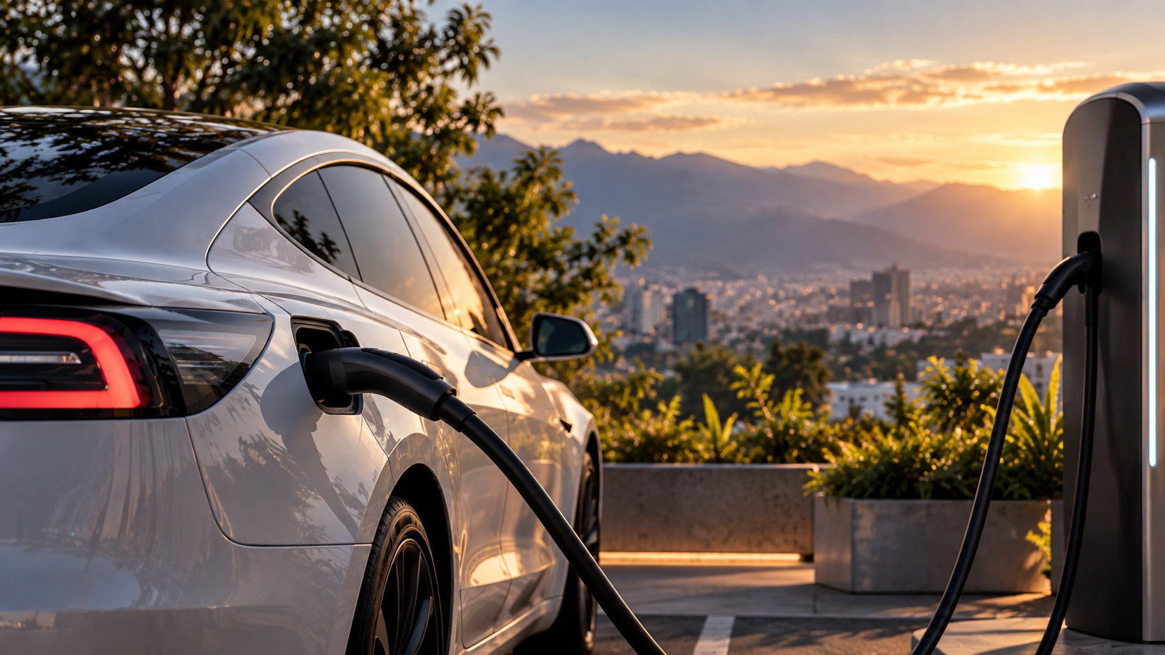 Tesla conectado a un cargador para vehículo eléctrico Tesla conectado a un cargador para vehículo eléctrico