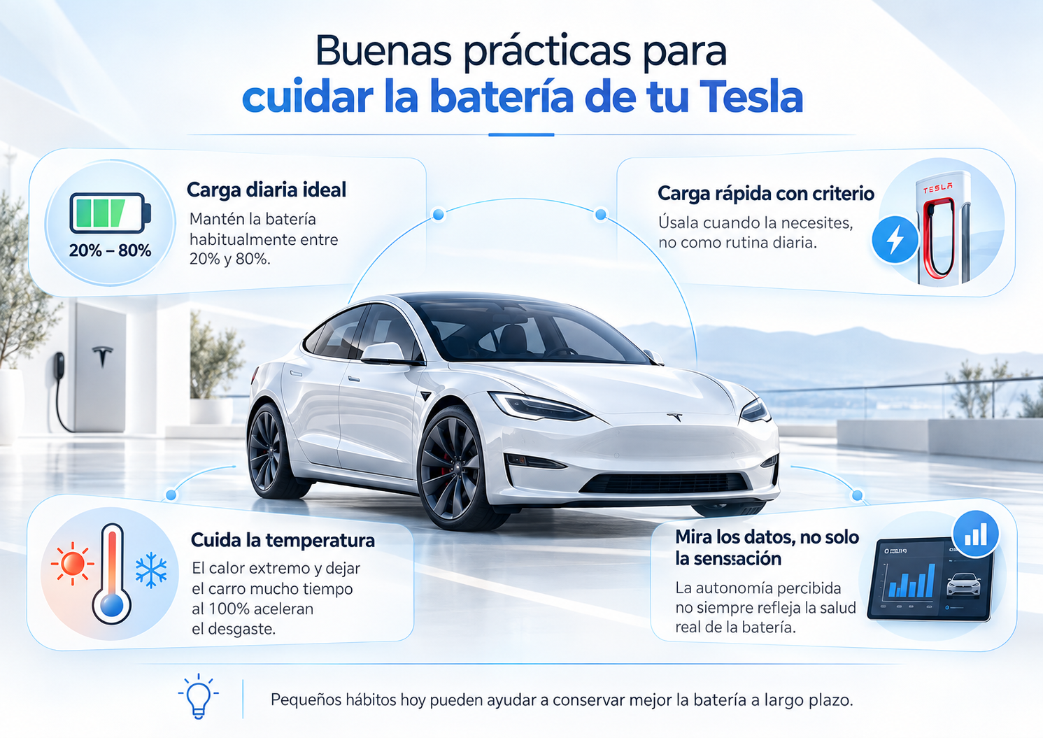 Buenas prácticas para cuidar la batería de un Tesla: carga, temperatura y uso de Supercharger Buenas prácticas para cuidar la batería de un Tesla: carga, temperatura y uso de Supercharger