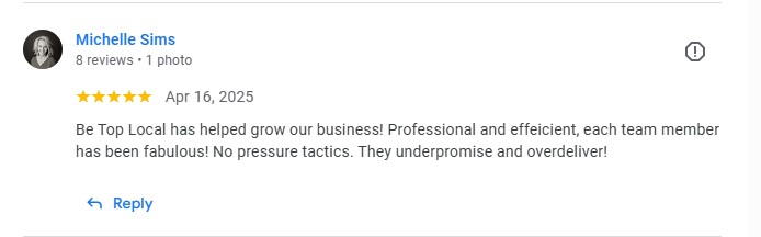 Google review from Michelle Sims: 5 stars, professional and efficient, no pressure tactics, they underpromise and overdeliver