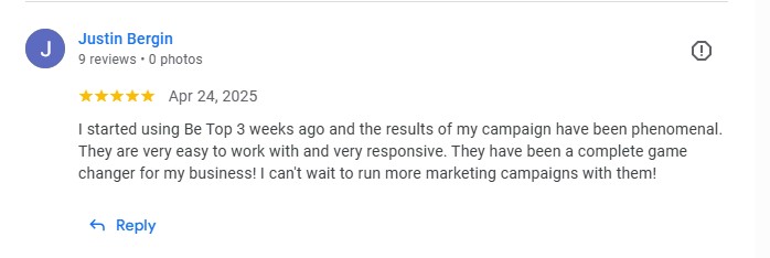 Google review from Justin Bergin: 5 stars, results have been phenomenal in 3 weeks, complete game changer for my business