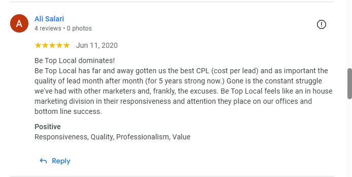 Google review from Ali Salari: 5 stars, Be Top Local dominates, best CPL, 5 years strong, feels like an in-house marketing division