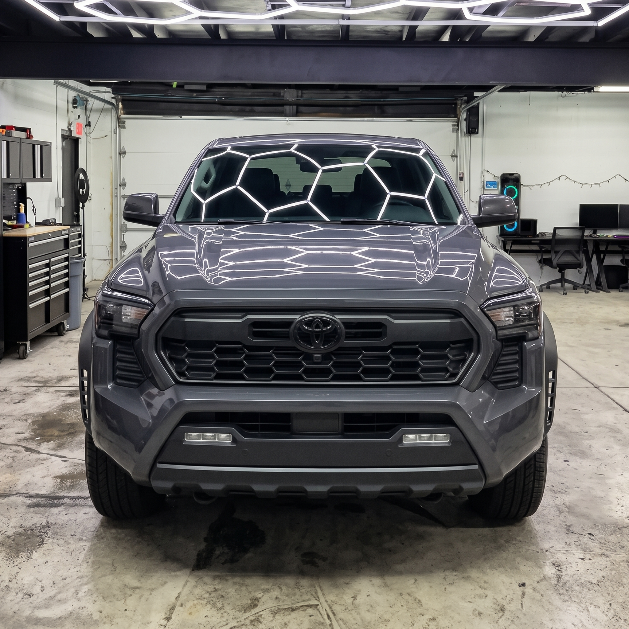 Grey Toyota Tacoma at Precision Tints shop