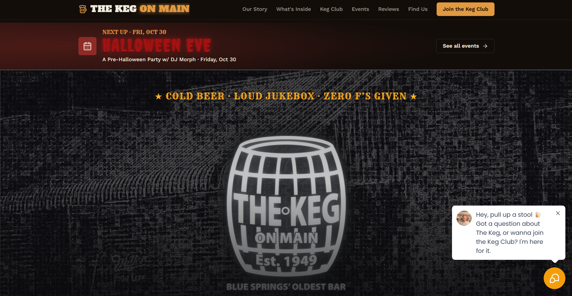 The Keg on Main website built by D.O.G. Systems