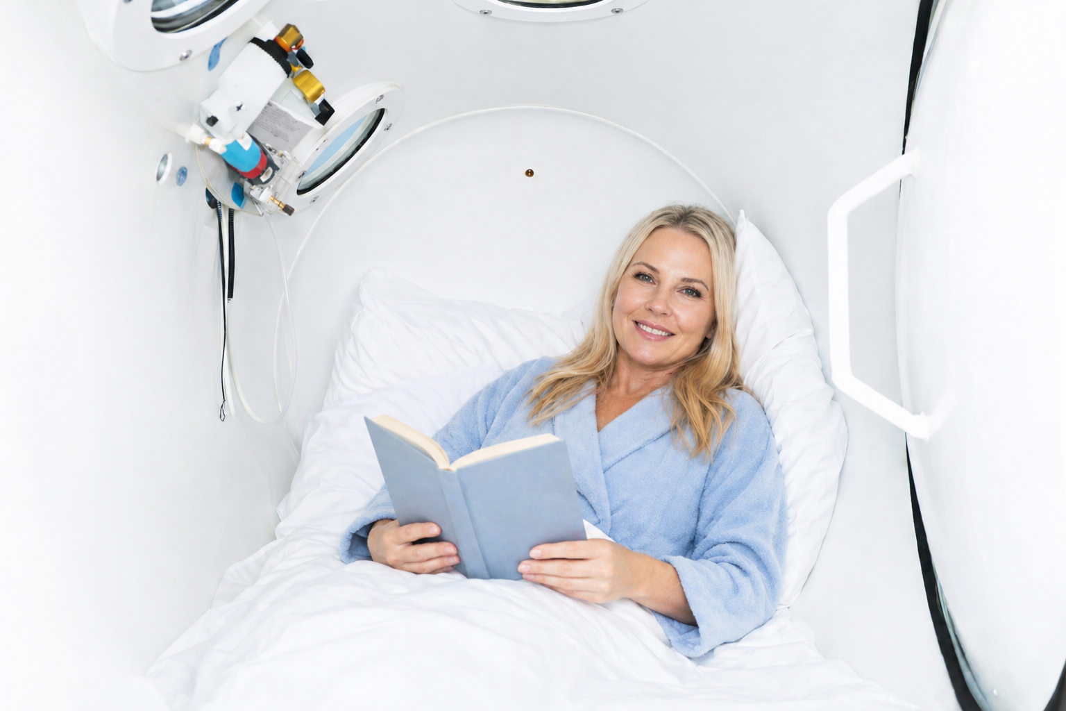 A woman sitting comfortably with a book inside an open hyperbaric chamber before treatment