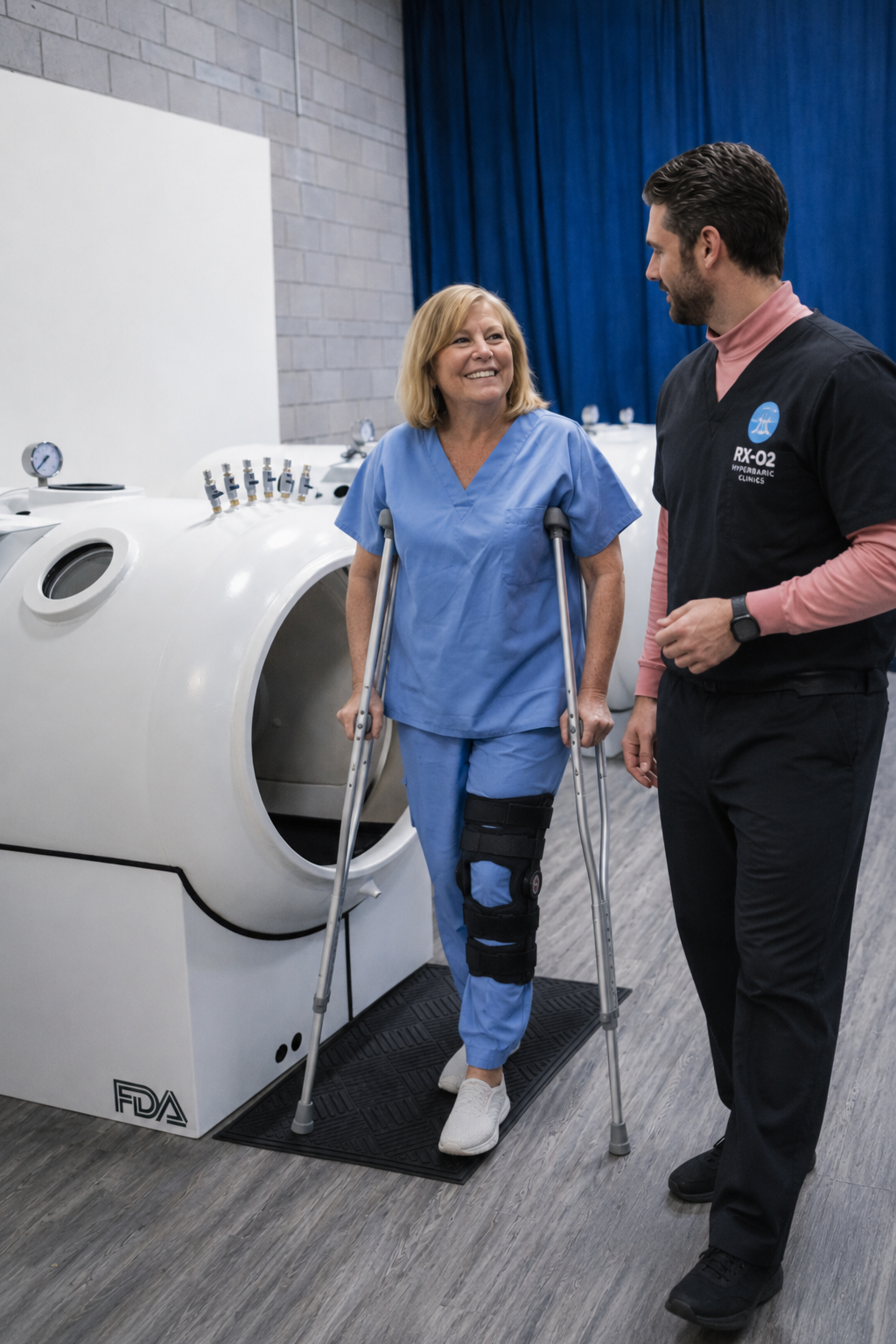 Patient with crutches speaking with an RX-O2 team member beside a chamber