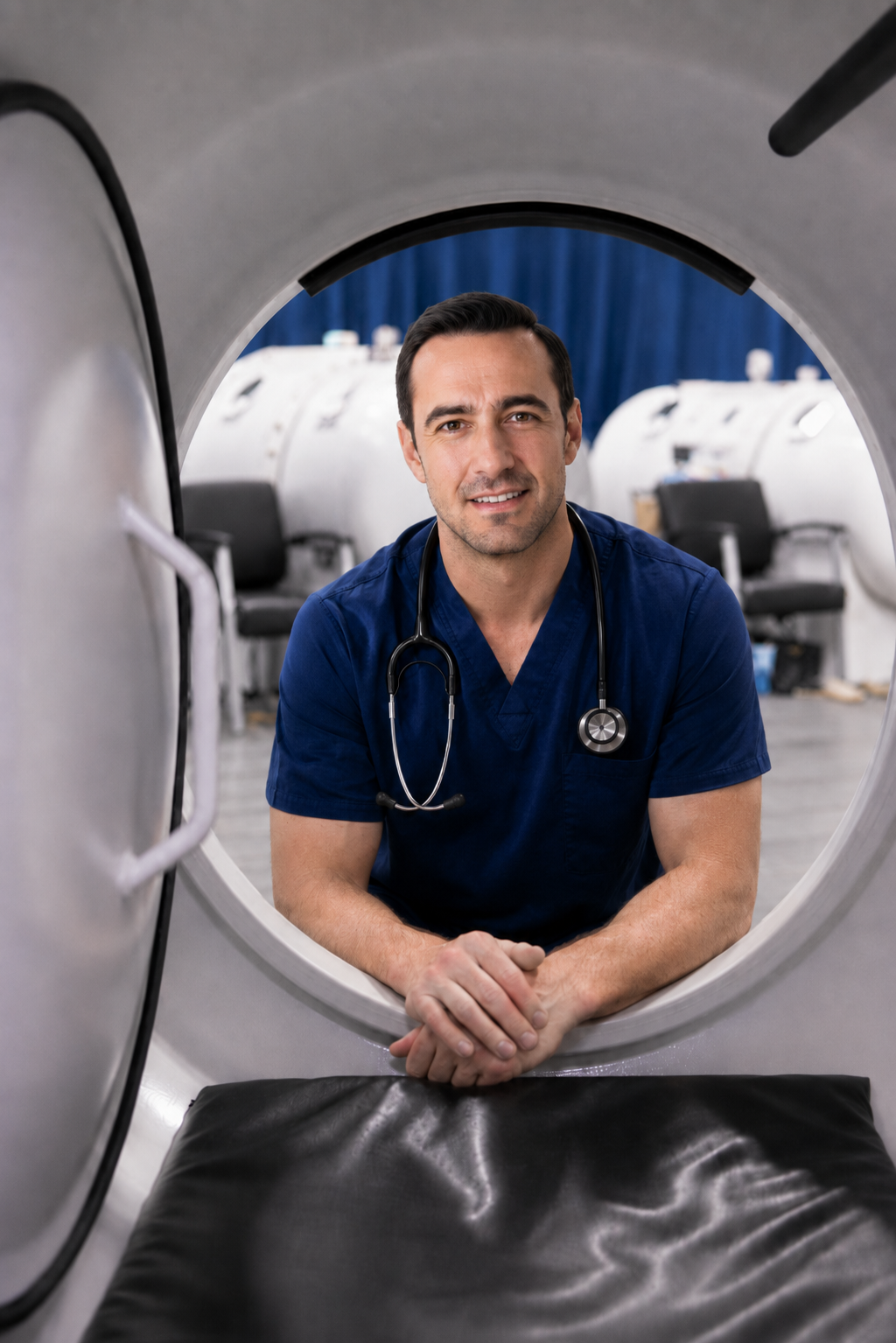 RX-O2 team member at the open entrance of a hyperbaric chamber