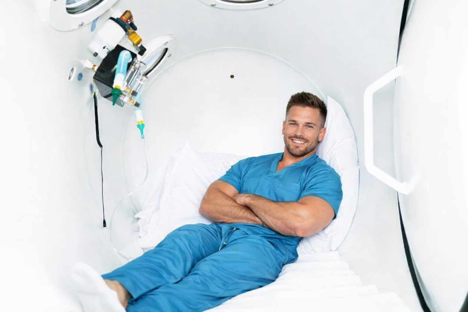 Patient reclining inside a hyperbaric chamber