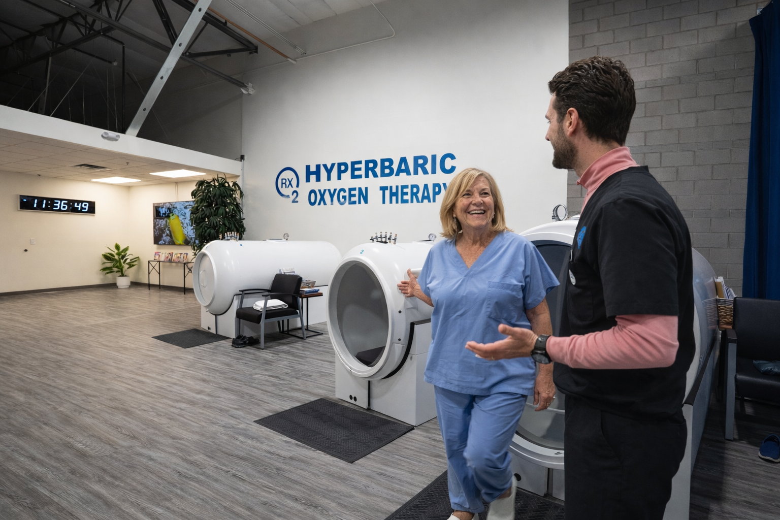 Patient and team member talking in the RX-O2 treatment area