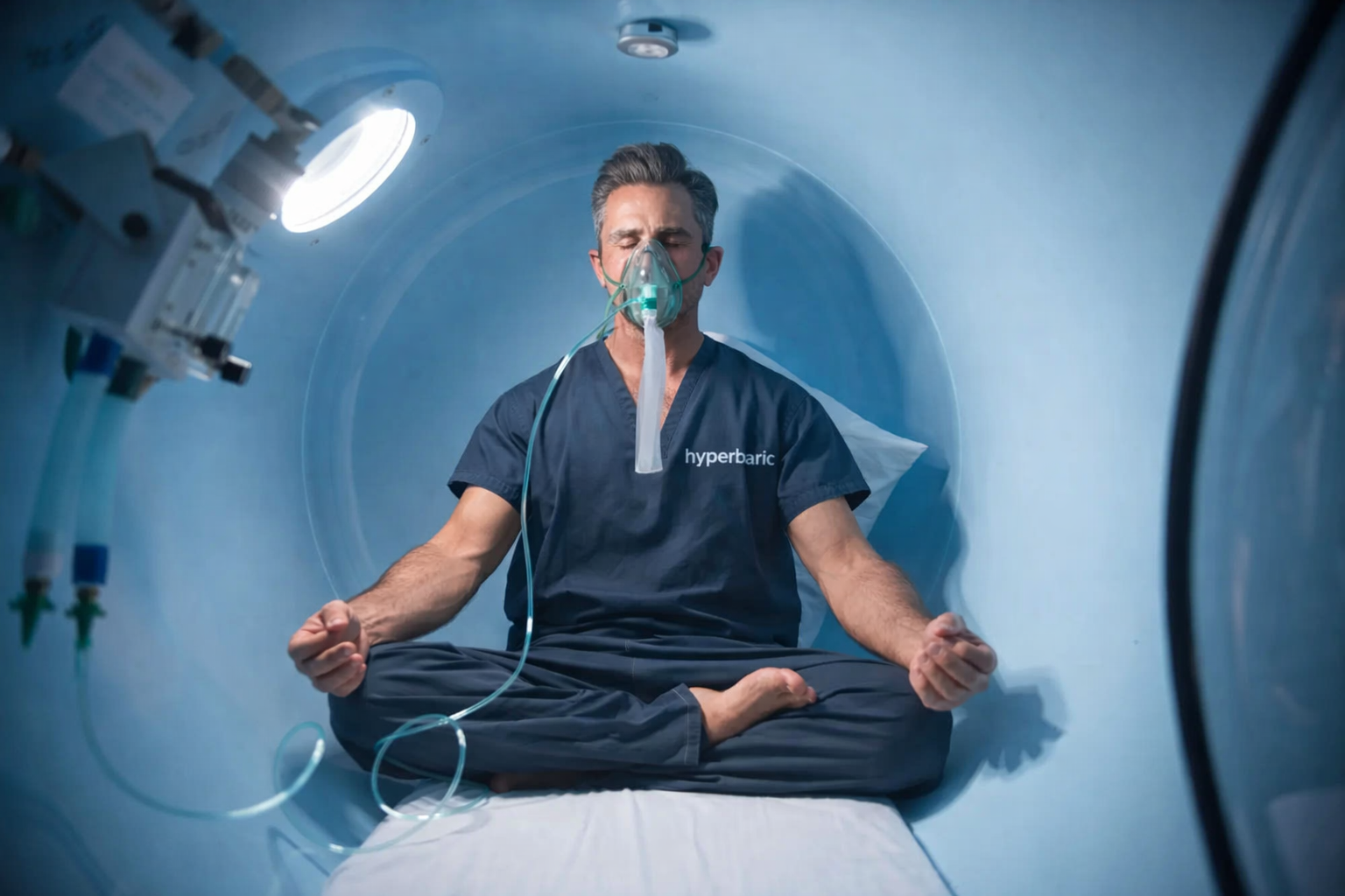 Person seated inside a chamber wearing an oxygen mask