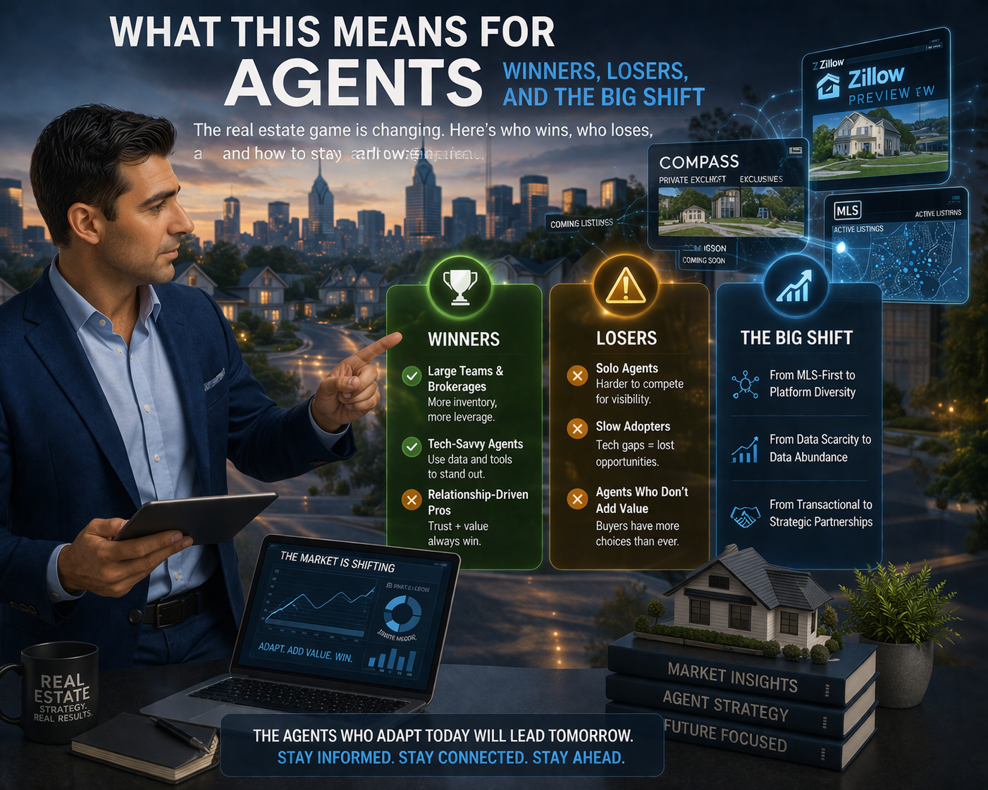 Illustration showing how Zillow Preview, Compass private listings, and MLS changes are impacting real estate agents, highlighting winners, losers, and major industry shifts.