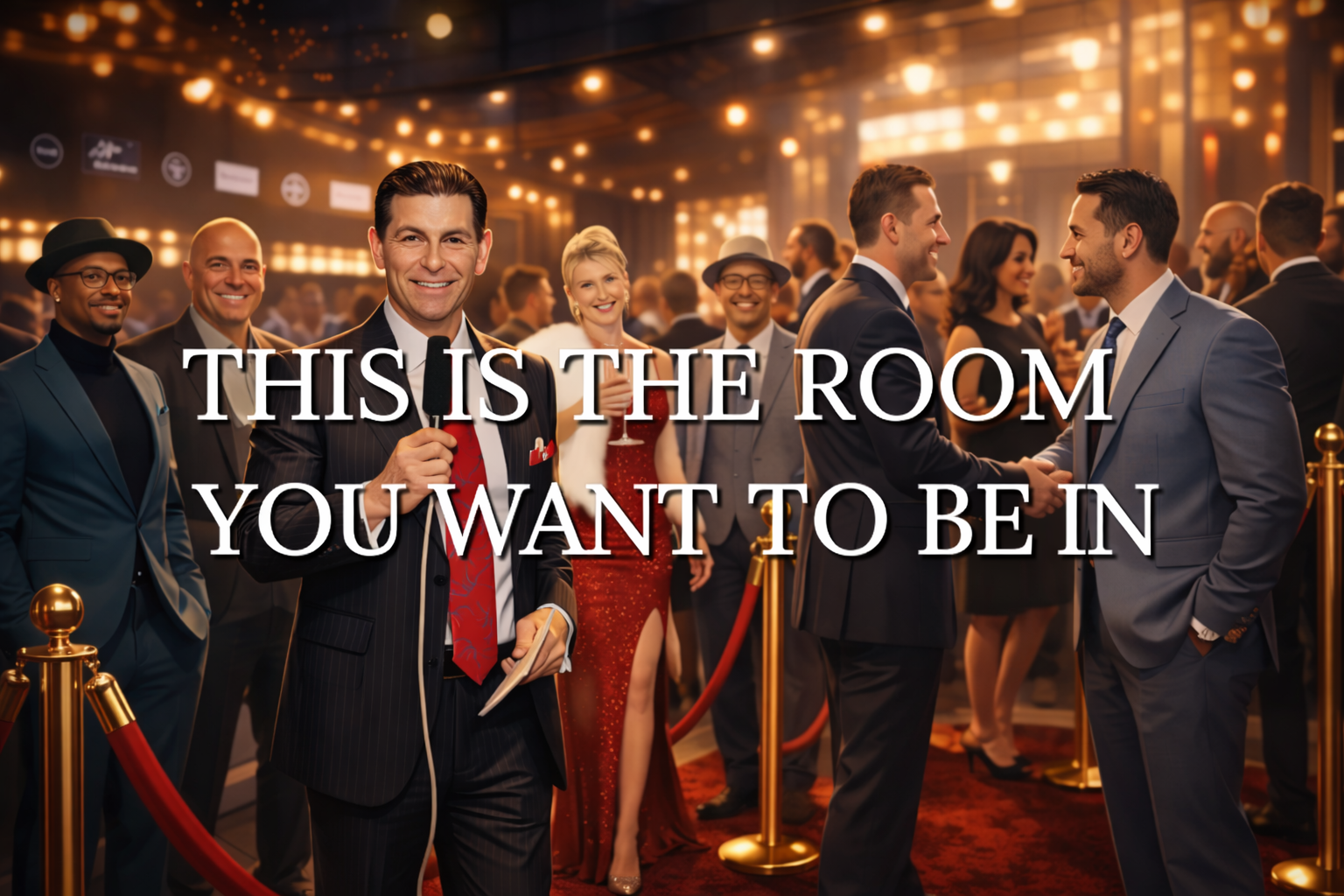 Motivational real estate networking quote displayed over a luxury red carpet event scene