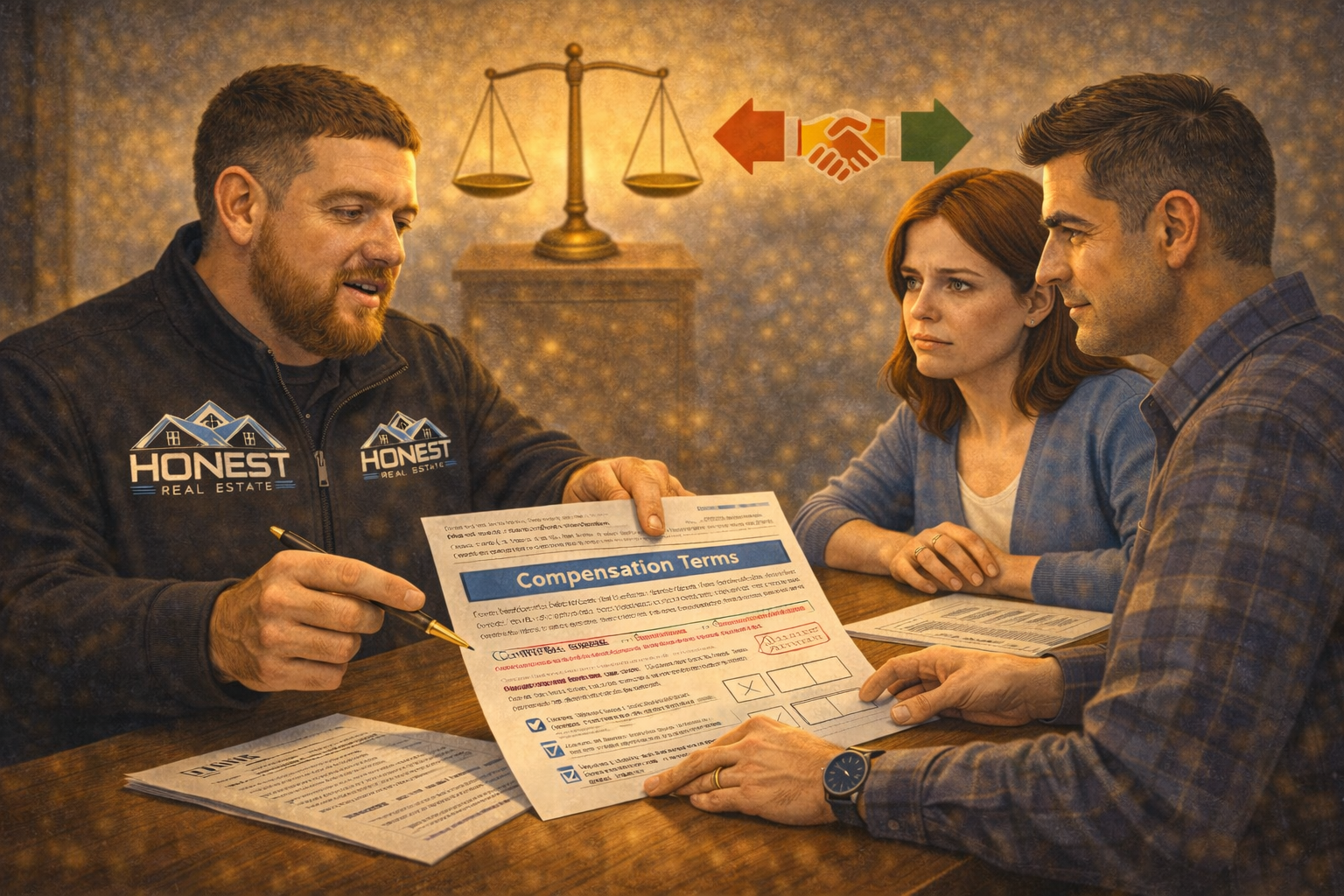 Real estate broker negotiating buyer agent commission terms during contract review after recent real estate commission changes.