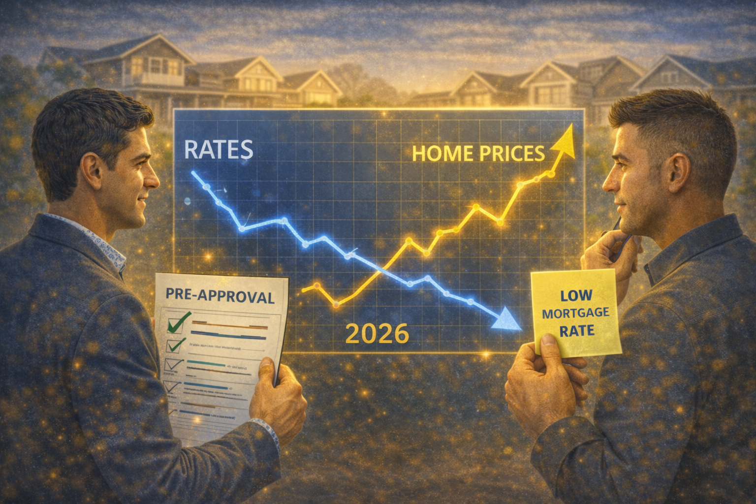 Illustration showing mortgage rates declining while home prices rise in 2026, with buyer pre-approval and seller holding low-rate note.