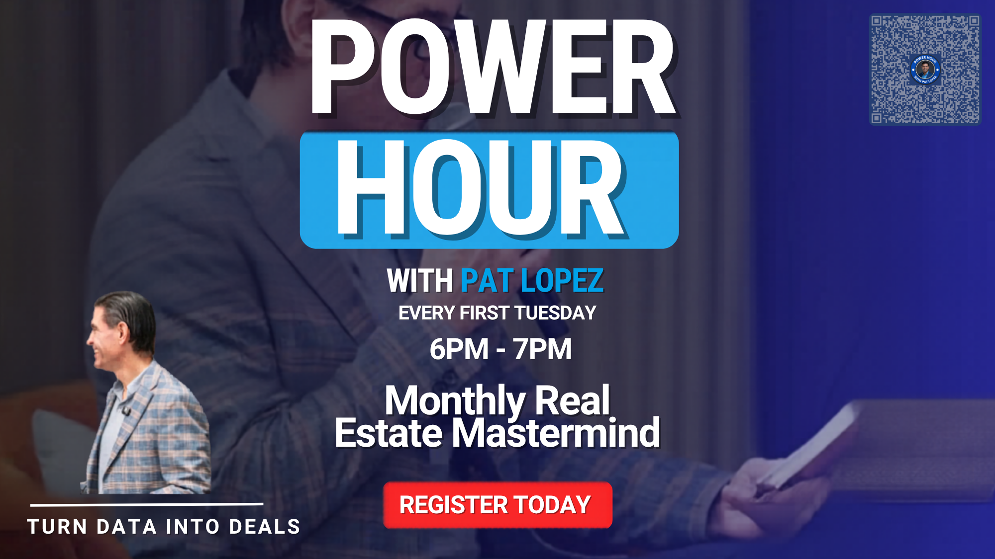 Real estate mastermind event with Pat Lopez offering monthly training for agents, investors, and buyers to grow their business