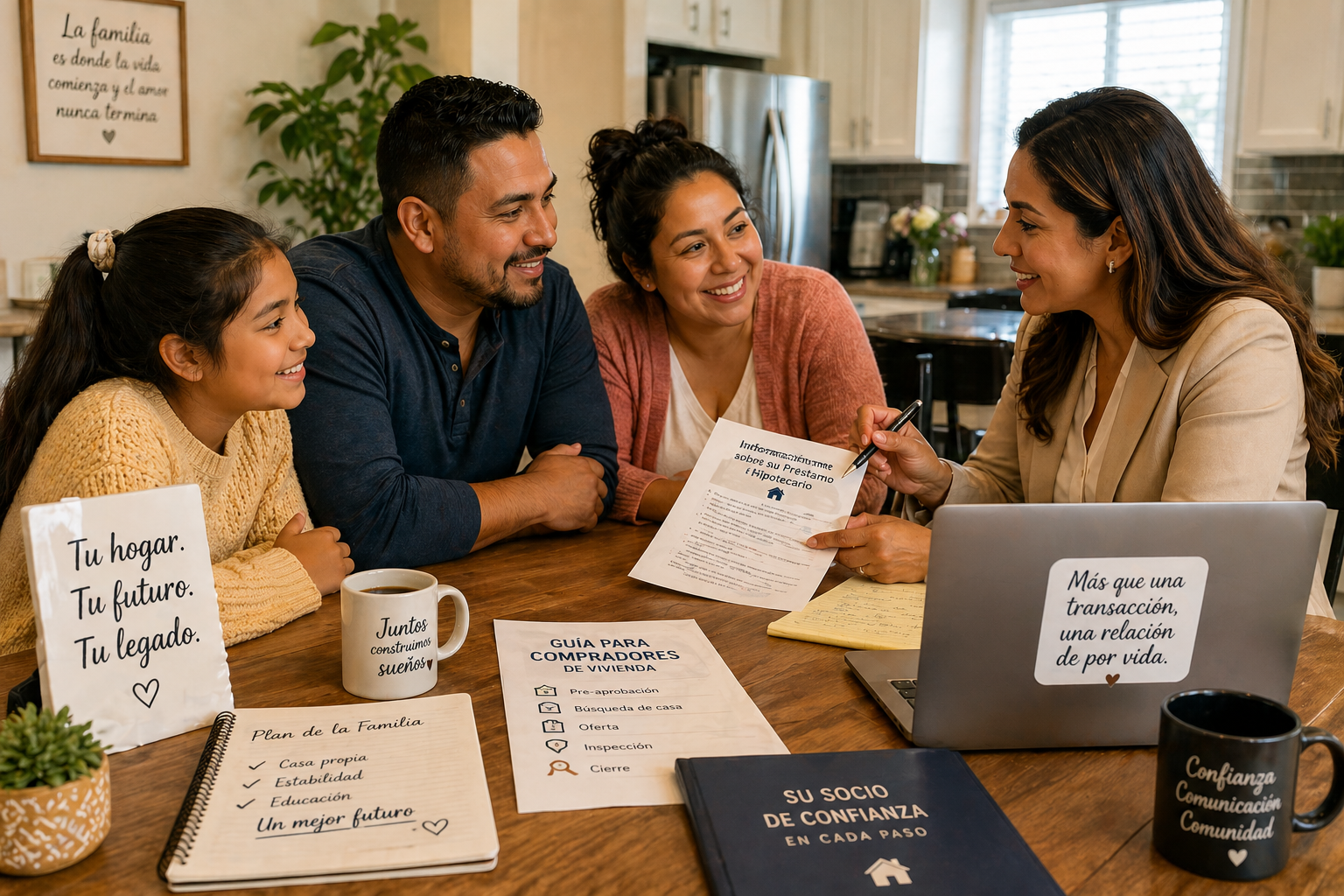 Real estate agent meeting with Latino family at home discussing mortgage documents and building trust Real estate agent meeting with Latino family at home discussing mortgage documents and building trust