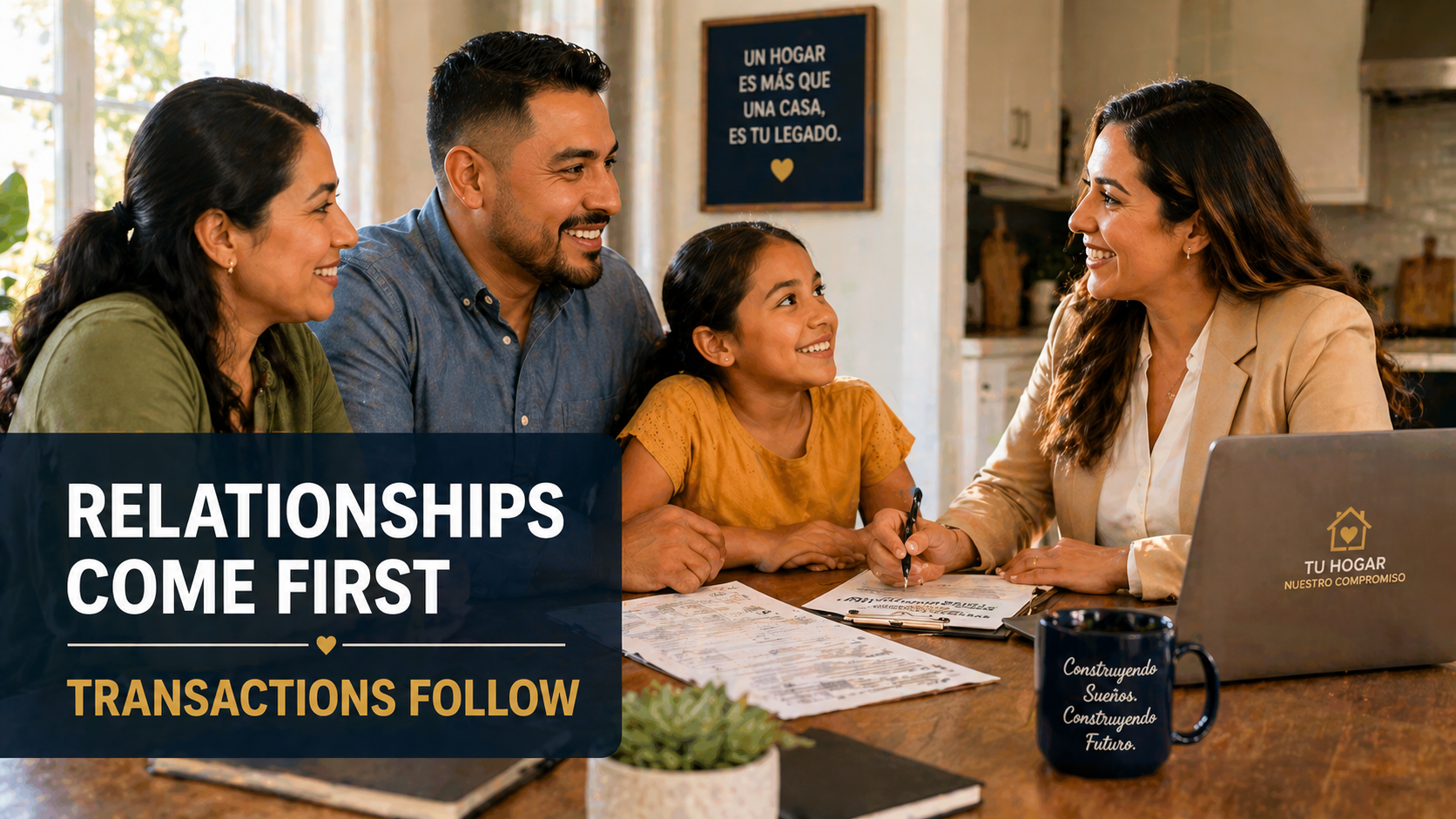 Real estate professional meeting with Latino family at a kitchen table reviewing mortgage documents and building trust through conversation Real estate professional meeting with Latino family at a kitchen table reviewing mortgage documents and building trust through conversation