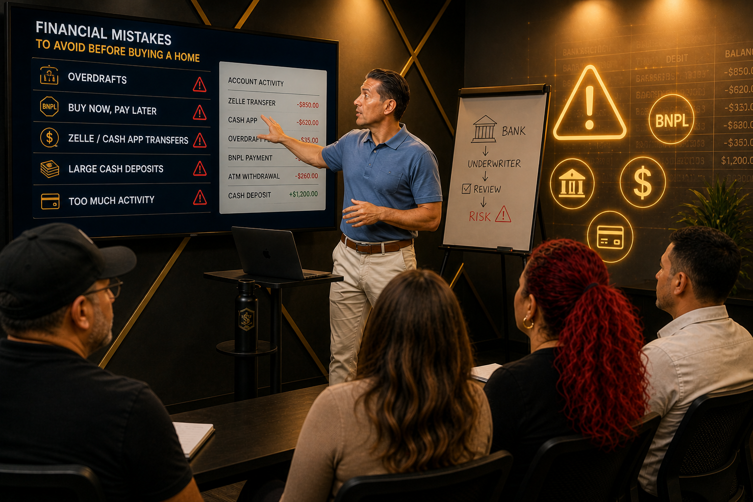 Pat Lopez explaining financial mistakes like overdrafts and buy now pay later before buying a home in a workshop Pat Lopez explaining financial mistakes like overdrafts and buy now pay later before buying a home in a workshop